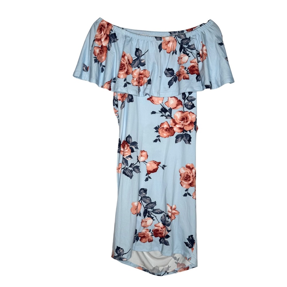 PinkBlush Maternity Dress Sz Small Blue Floral Off Shoulder Ruched - Picture 8 of 9
